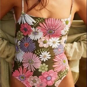 Agua Bendita Olive Floral One-Piece Swimsuit with Pink, White & Purple Flowers